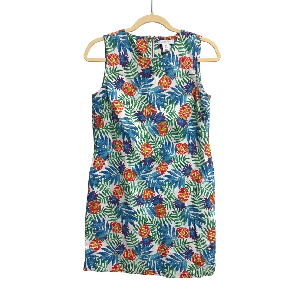Tabitha Webb Pineapple Print Sheath Dress White Multi Tropical Sleeveless Size 4